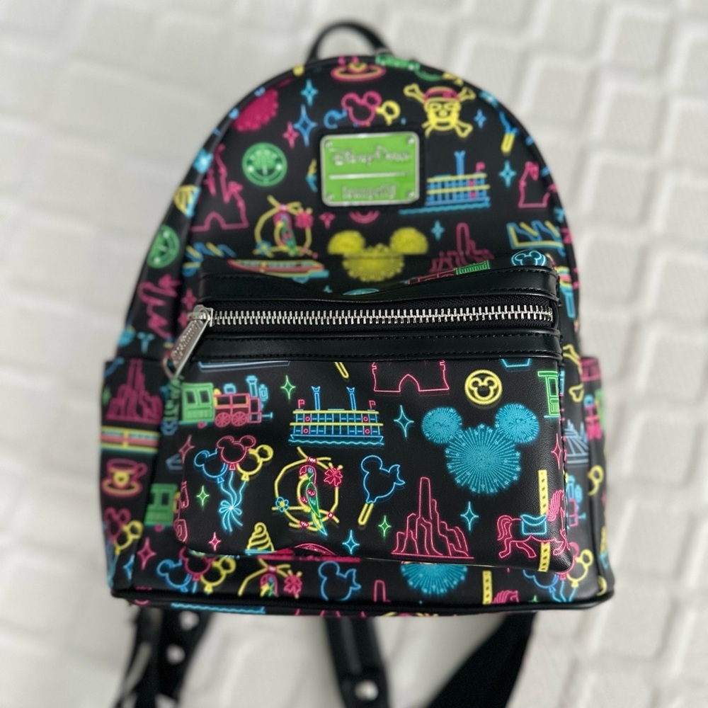 Loungefly Black Backpack with Neon Disney Icons